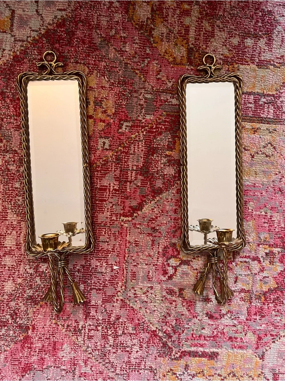 Gold Rope Frame Wall Mirror with Candle Holders - Gold